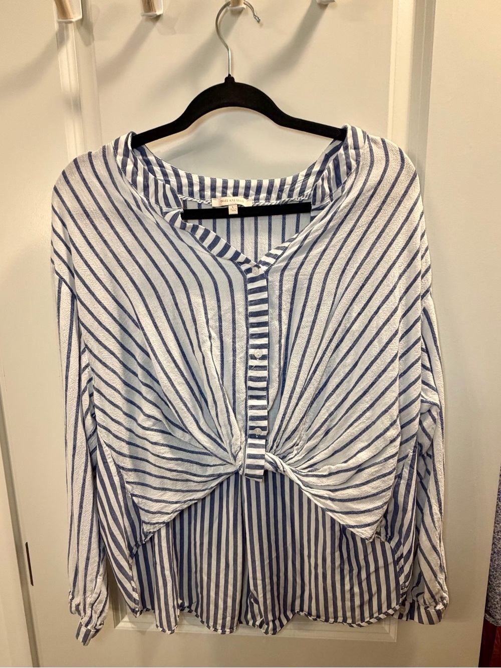 Skies Are Blue Blue and White Striped Knot-Front Button Down